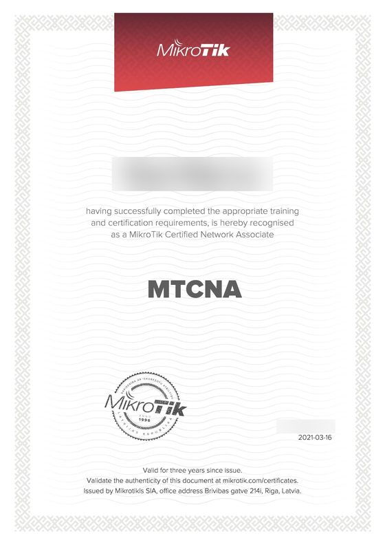 原廠認證 MTCNA 證書